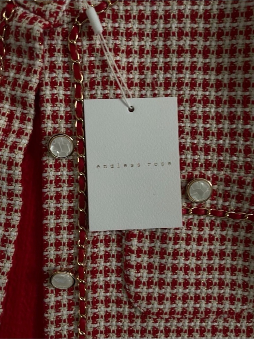 Endless Rose Red and White Houndstooth Blazer with Gold Chain Detail - Picture 4 of 5
